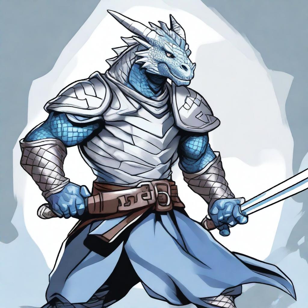 A cartoon style silver dragonborn fighter in a fighting stance, wielding a sword