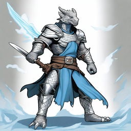 A cartoon style silver dragonborn fighter in a fighting stance, wielding a sword