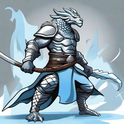 A cartoon style silver dragonborn fighter in a fighting stance, wielding a sword