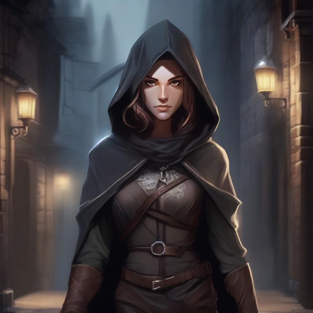 A detailed illustration of a half-elf rogue, dressed in stealthy and practical attire with light armor and a hooded cloak