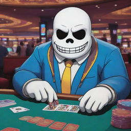 Sans from the game Undertale, depicted in a vibrant cartoon style, confidently placing a bet at a bustling casino table. The casino scene is imbued with rich, playful colors and many characters.