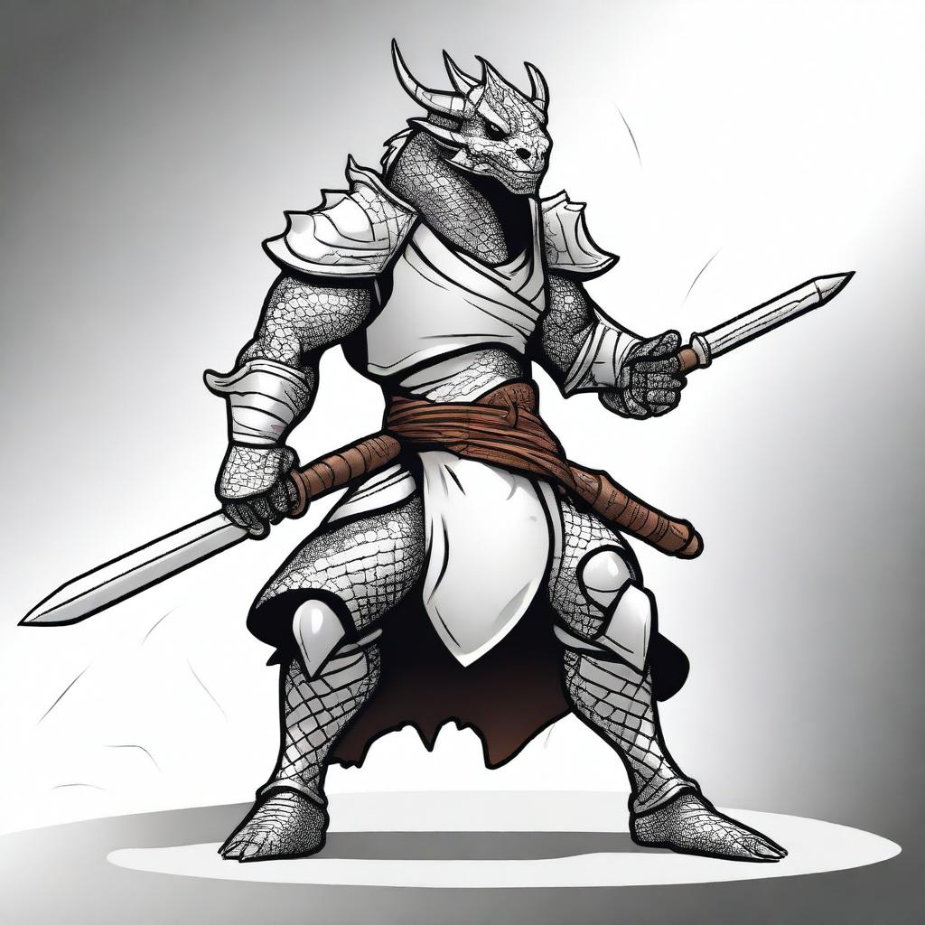A cartoon style silver dragonborn fighter in a fighting stance, wielding a sword