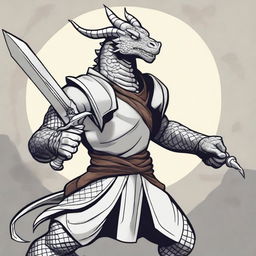 A cartoon style silver dragonborn fighter in a fighting stance, wielding a sword