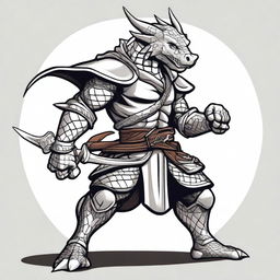 A cartoon style silver dragonborn fighter in a fighting stance, wielding a sword