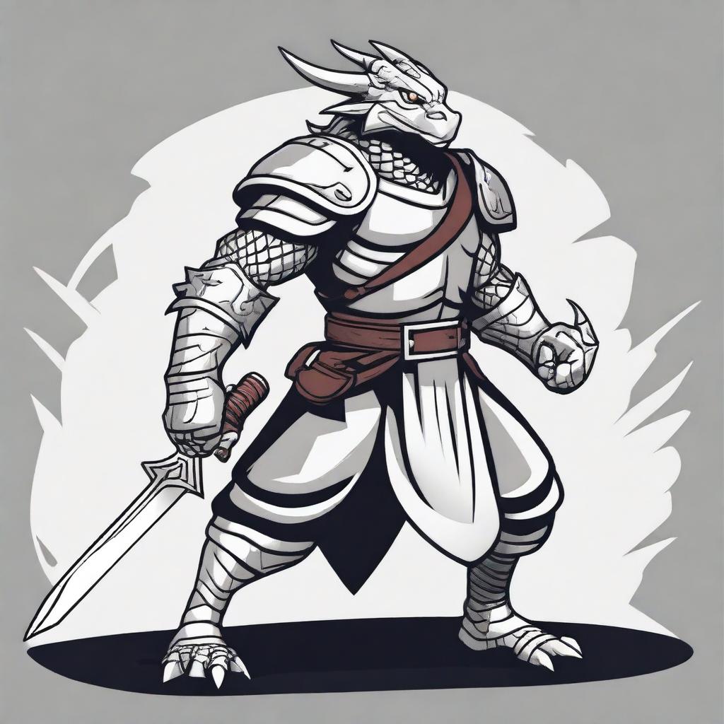 A cartoon style silver dragonborn fighter in a fighting stance, wielding a sword