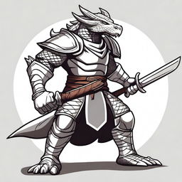 A cartoon style silver dragonborn fighter in a fighting stance, wielding a sword