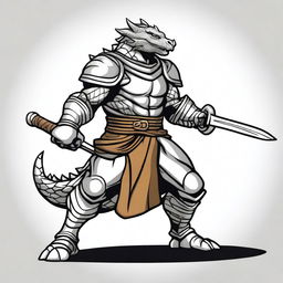 A cartoon style silver dragonborn fighter in a fighting stance, wielding a sword