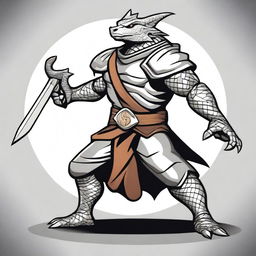 A cartoon style silver dragonborn fighter in a fighting stance, wielding a sword