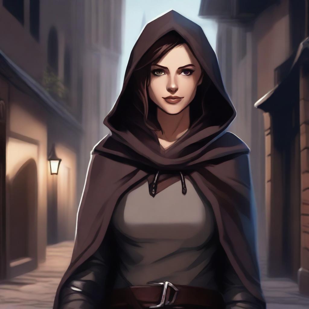 A detailed illustration of a half-elf rogue with short brown hair, dressed in stealthy and practical attire with light armor and a hooded cloak