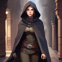 A detailed illustration of a half-elf rogue with short brown hair, dressed in stealthy and practical attire with light armor and a hooded cloak