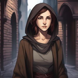 A detailed illustration of a half-elf rogue with short brown hair, dressed in stealthy and practical attire with light armor and a hooded cloak