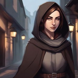 A detailed illustration of a half-elf rogue with short brown hair, dressed in stealthy and practical attire with light armor and a hooded cloak