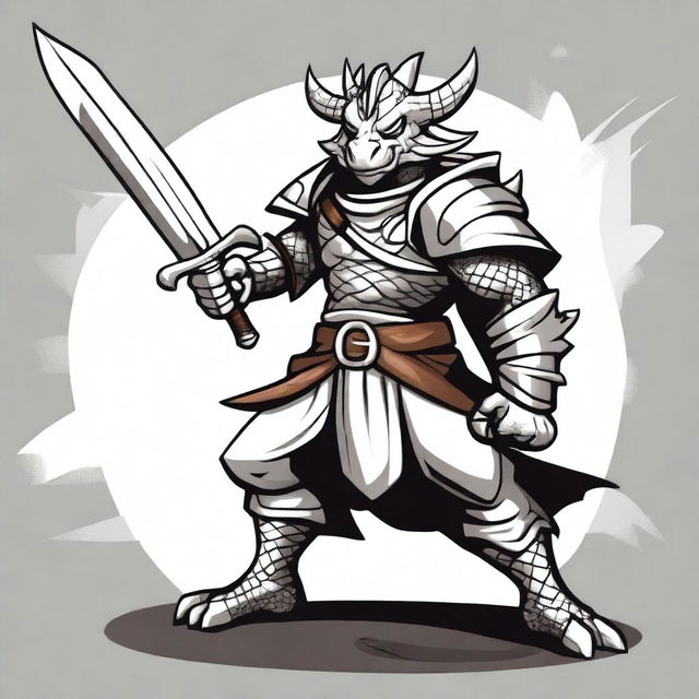 A cartoon style silver dragonborn fighter in a fighting stance, wielding a sword