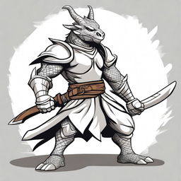 A cartoon style silver dragonborn fighter in a fighting stance, wielding a sword