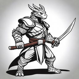 A cartoon style silver dragonborn fighter in a fighting stance, wielding a sword