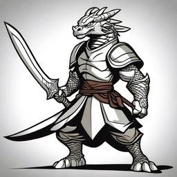 A cartoon style silver dragonborn fighter in a fighting stance, wielding a sword