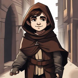 A detailed illustration of a halfling rogue with short brown hair, dressed in stealthy and practical attire with light armor and a hooded cloak