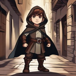 A detailed illustration of a halfling rogue with short brown hair, dressed in stealthy and practical attire with light armor and a hooded cloak