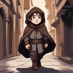 A detailed illustration of a halfling rogue with short brown hair, dressed in stealthy and practical attire with light armor and a hooded cloak