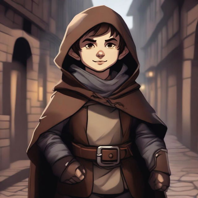 A detailed illustration of a halfling rogue with short brown hair, dressed in stealthy and practical attire with light armor and a hooded cloak