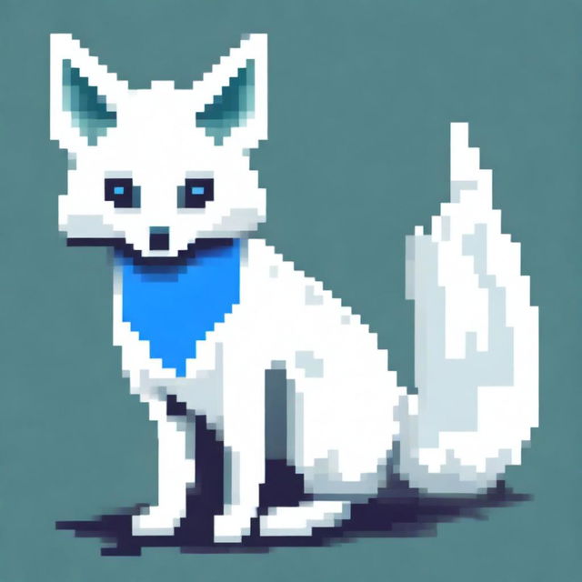 A white fox with blue spots, sitting down, depicted in pixel art style