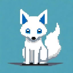 A white fox with blue spots, sitting down, depicted in pixel art style