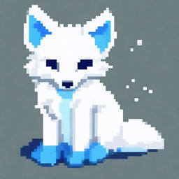 A white fox with blue spots, sitting down, depicted in pixel art style