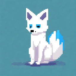 A white fox with blue spots, sitting down, depicted in pixel art style