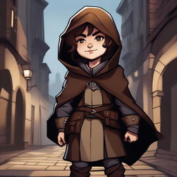 A detailed illustration of a halfling female rogue with short brown hair, dressed in stealthy and practical attire with light armor and a hooded cloak