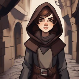 A detailed illustration of a halfling female rogue with short brown hair, dressed in stealthy and practical attire with light armor and a hooded cloak