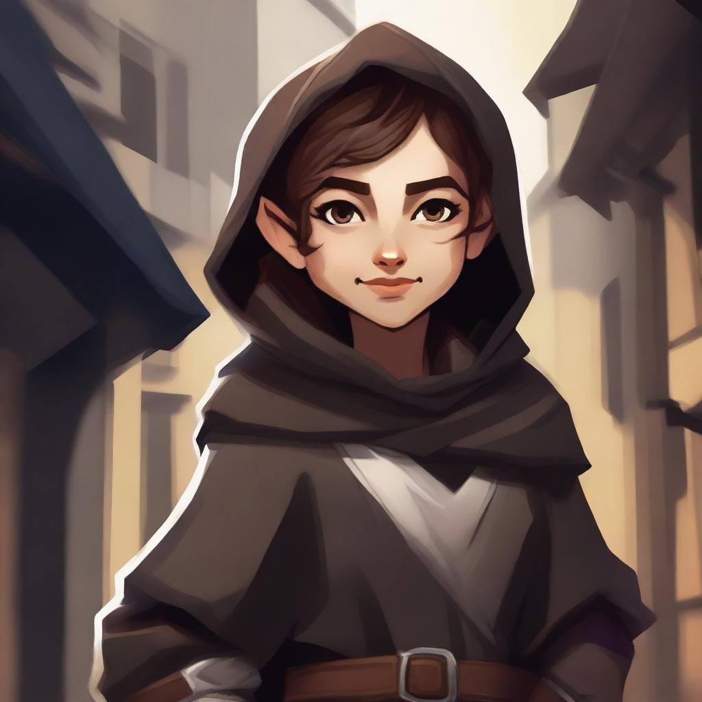 A detailed illustration of a halfling female rogue with short brown hair, dressed in stealthy and practical attire with light armor and a hooded cloak