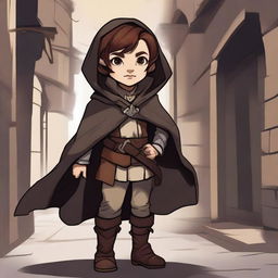 A detailed illustration of a halfling female rogue with short brown hair, dressed in stealthy and practical attire with light armor and a hooded cloak