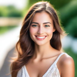 A very beautiful girl with elegant features, radiant smile, and captivating eyes