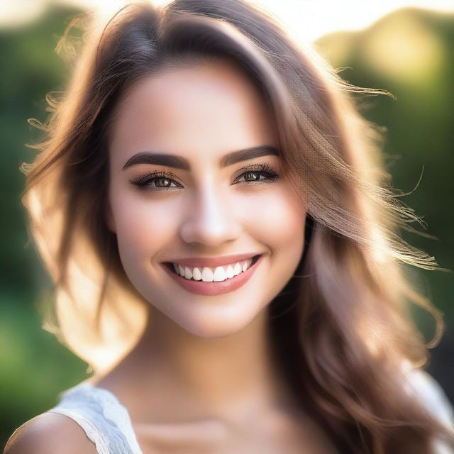 A very beautiful girl with elegant features, radiant smile, and captivating eyes