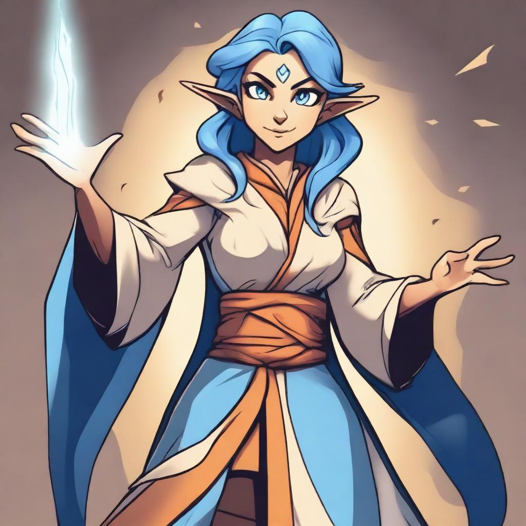 A cartoon style female elf sorcerer with blue hair and tan skin in a fighting stance