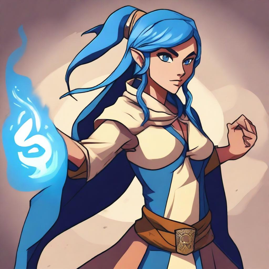 A cartoon style female elf sorcerer with blue hair and tan skin in a fighting stance