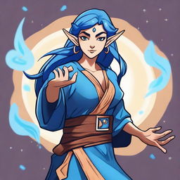 A cartoon style female elf sorcerer with blue hair and tan skin in a fighting stance