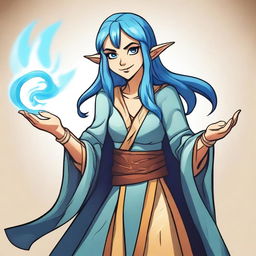 A cartoon style female elf sorcerer with blue hair and tan skin in a fighting stance