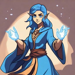 A cartoon style female elf sorcerer with blue hair and tan skin in a fighting stance