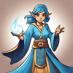 A cartoon style female elf sorcerer with blue hair and tan skin in a fighting stance