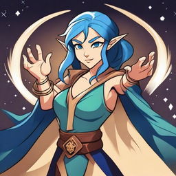 A cartoon style female elf sorcerer with blue hair and tan skin in a fighting stance