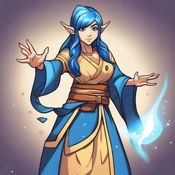 A cartoon style female elf sorcerer with blue hair and tan skin in a fighting stance