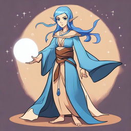 A full body cartoon style female elf sorcerer with blue hair and tan skin in a fighting stance