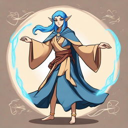 A full body cartoon style female elf sorcerer with blue hair and tan skin in a fighting stance