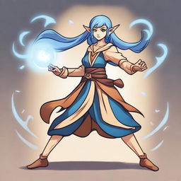 A full body cartoon style female elf sorcerer with blue hair and tan skin in a fighting stance