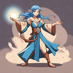 A full body cartoon style female elf sorcerer with blue hair and tan skin in a fighting stance