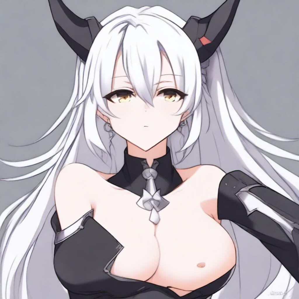 An anime girl with pale skin and white hair, featuring devil horns, posing for a selfie