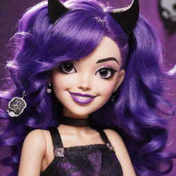 A selfie-style icon of Elissabat from Monster High. She is posing with her violet hair, bat-inspired outfit and fangs in a stylish and fun atmosphere.