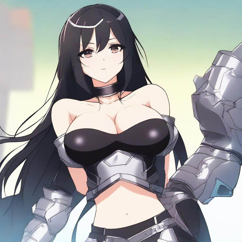 A pale anime girl with long black hair, wearing a black armor crop top that shows her cleavage from her large breasts