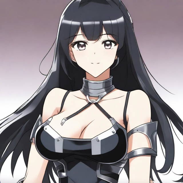 A pale anime girl with long black hair, wearing a black armor crop top that shows her cleavage from her large breasts